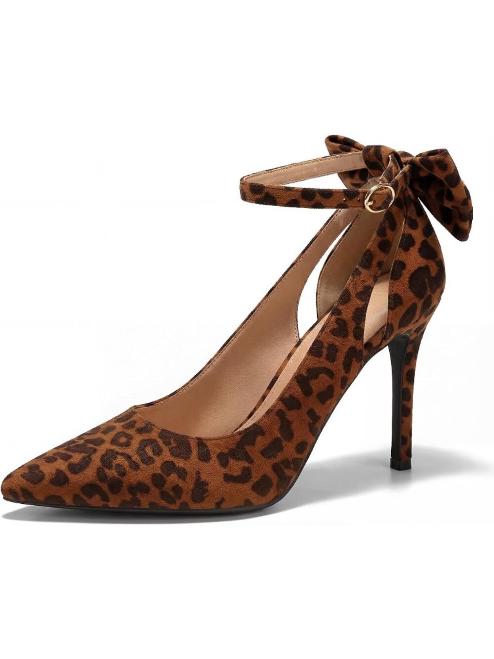 Women's Dark Leopard Pointed Toe High Heel Ankle Strap Bow Tie Party Dress Shoes